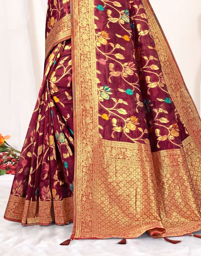 Wine Floral Banaras Weave Fancy Saree