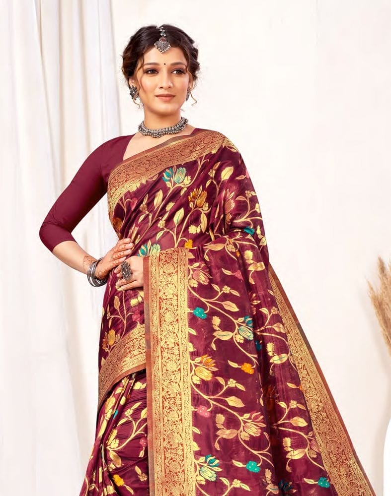 Wine Floral Banaras Weave Fancy Saree