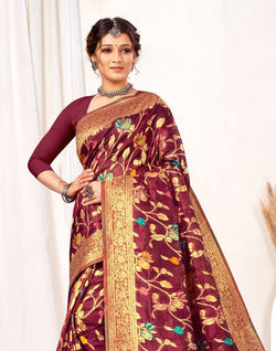 Collection of Wine Floral Banaras Weave Fancy Saree in a gallery layout