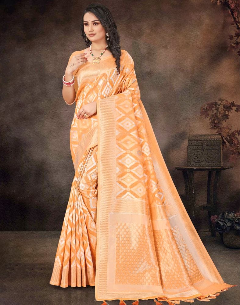 Light Orange Geometric Weave Semi-Jute Saree