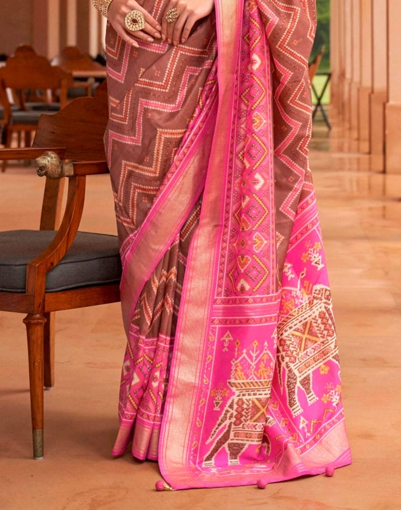 Collection of Patola Fabric Brown Color Chevron Print Saree in a gallery layout