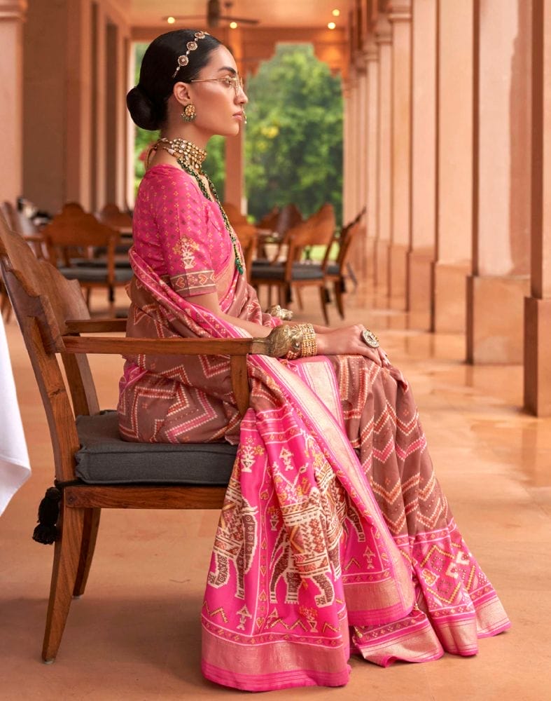 Collection of Patola Fabric Brown Color Chevron Print Saree in a gallery layout