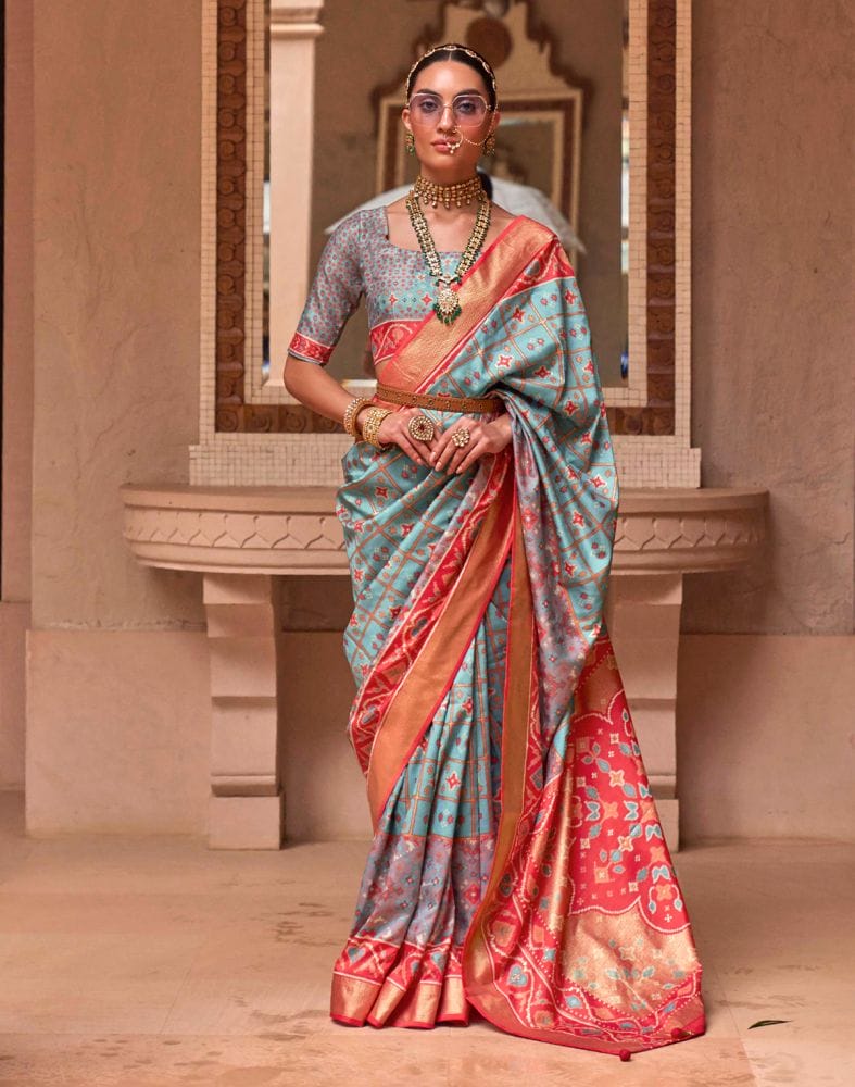 Stylish Sky Blue Color Ikat Print Patola Saree