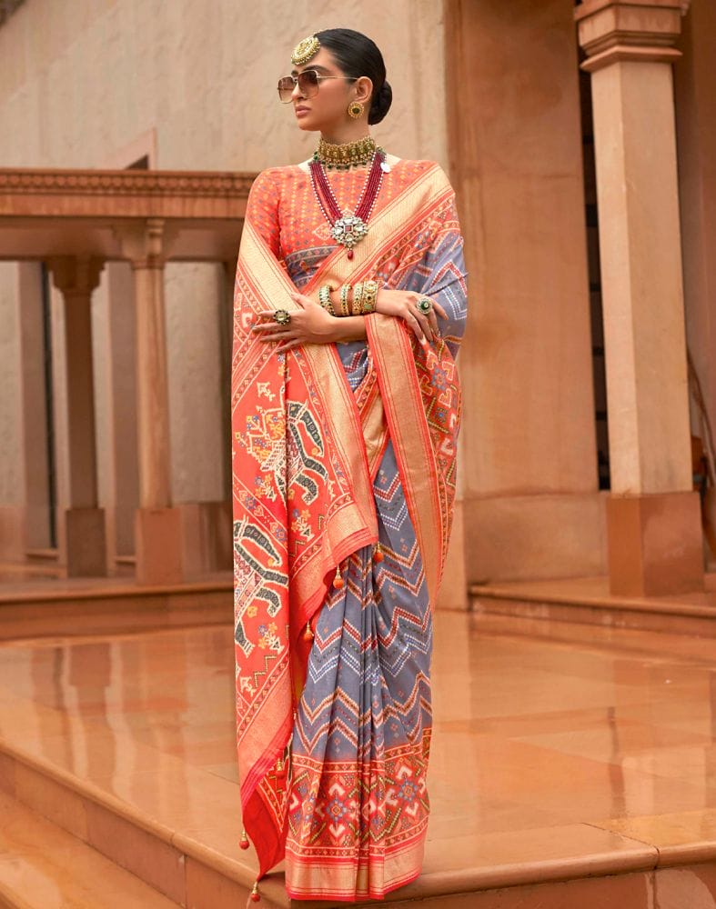 Collection of Grey and Orange Chevron Pattern Print Patola Saree in a gallery layout