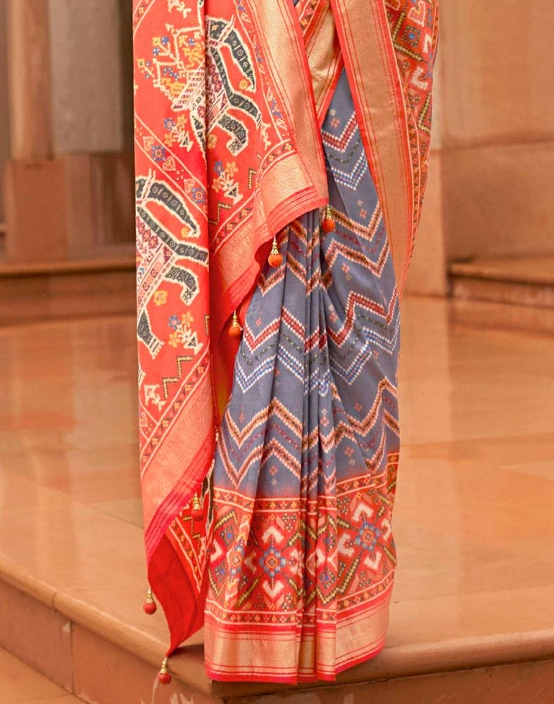 Collection of Grey and Orange Chevron Pattern Print Patola Saree in a gallery layout