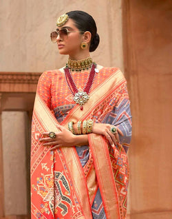 Collection of Grey and Orange Chevron Pattern Print Patola Saree in a gallery layout