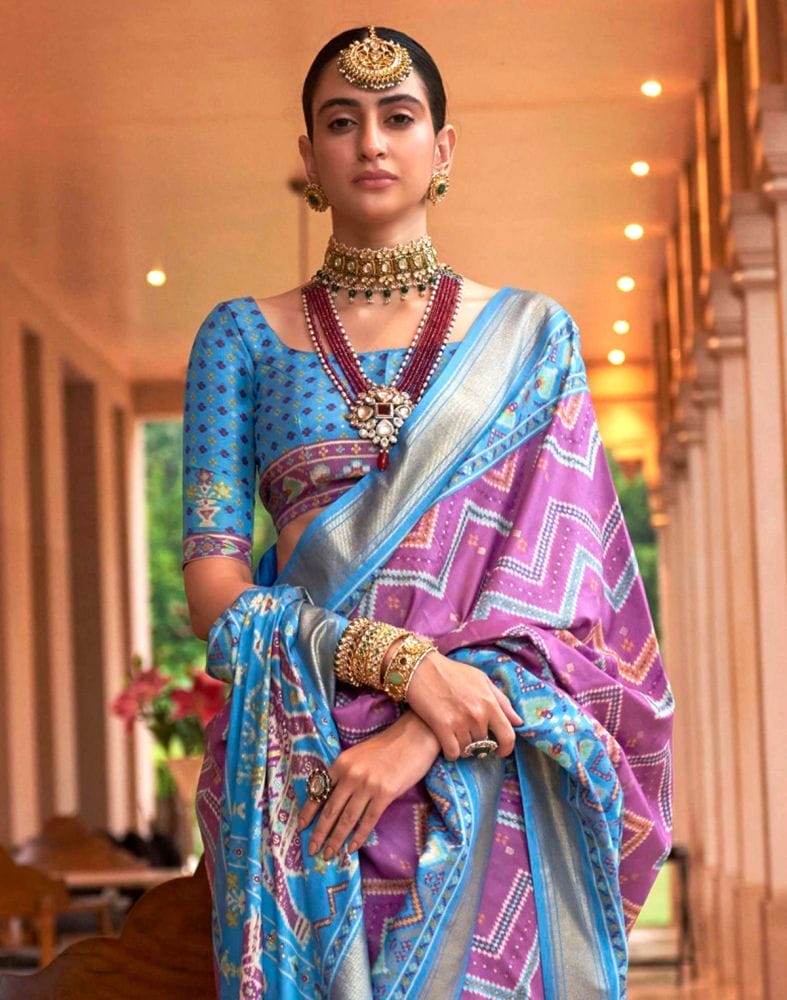 Collection of Dazzling Purple Chevron Print Patola Saree in a gallery layout