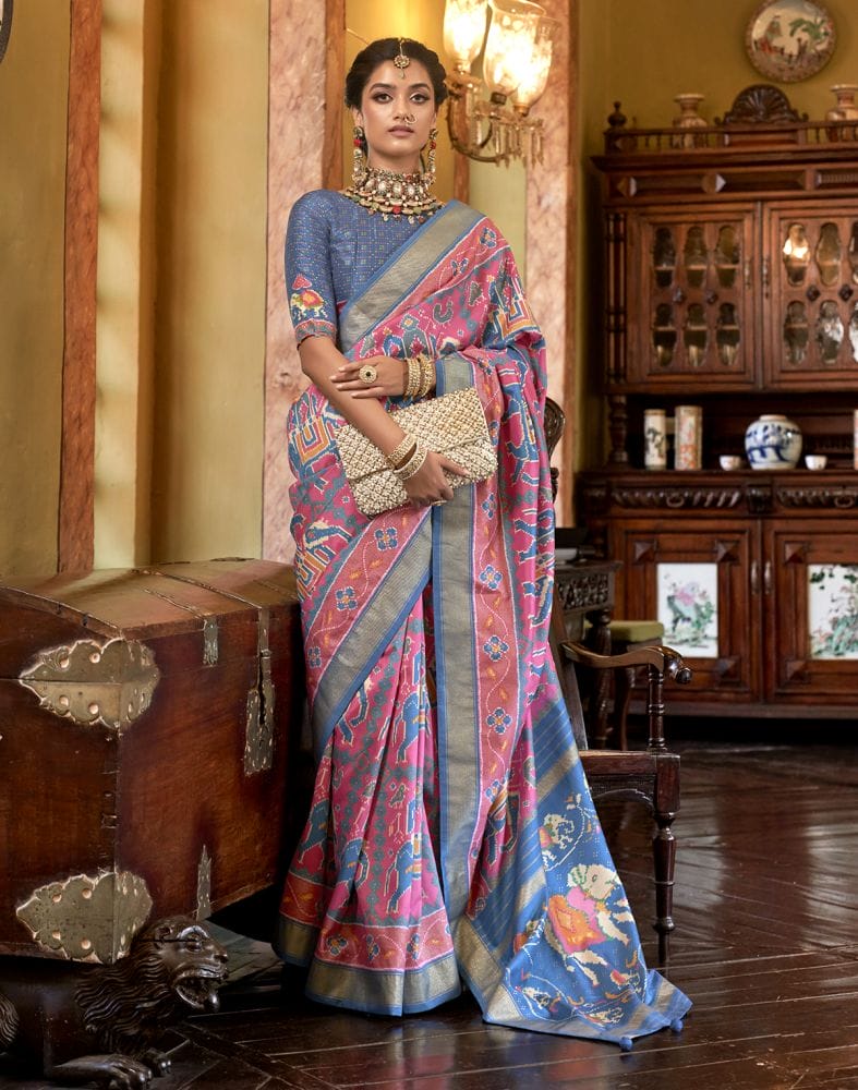 Collection of Ikat Pattern Light Pink Coloured Patola Fancy Saree in a gallery layout