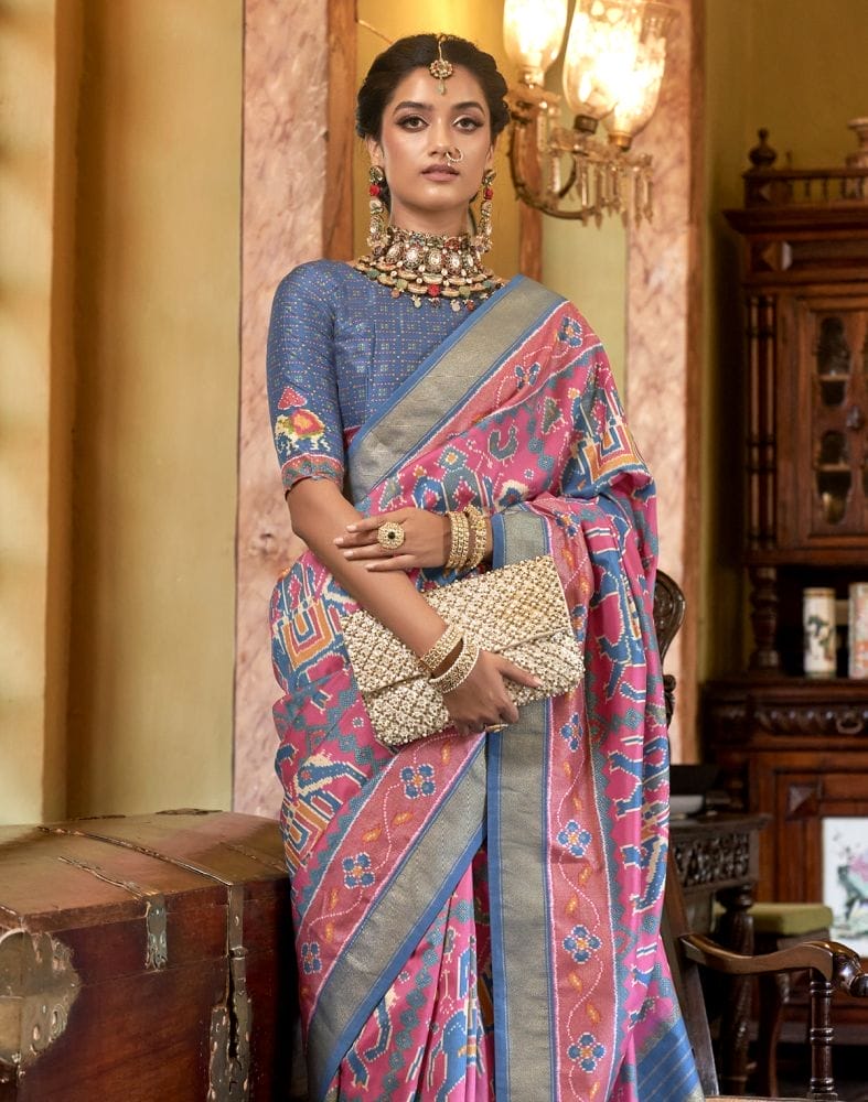 Collection of Ikat Pattern Light Pink Coloured Patola Fancy Saree in a gallery layout