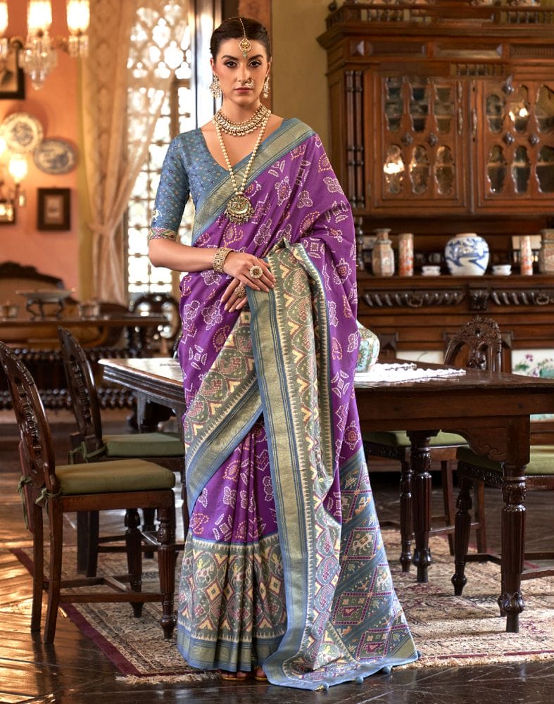 Purple and Grey Ikat Patola Saree