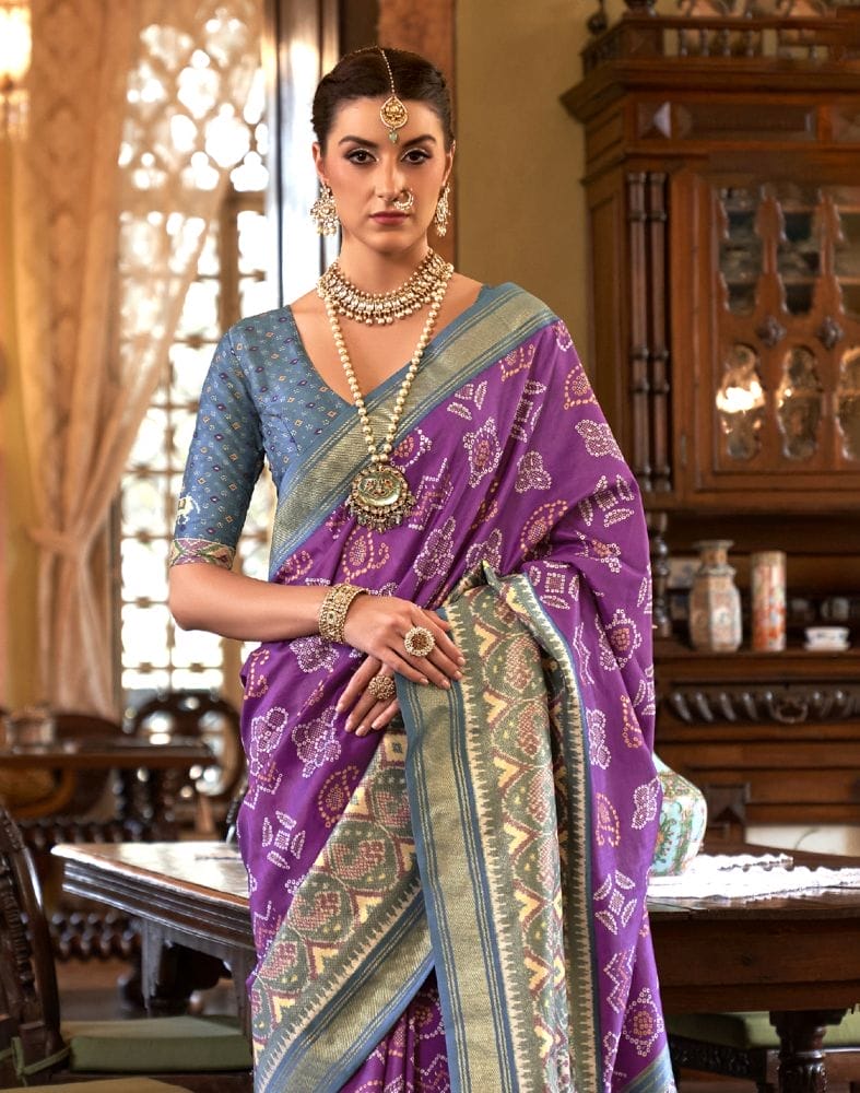 Purple and Grey Ikat Patola Saree