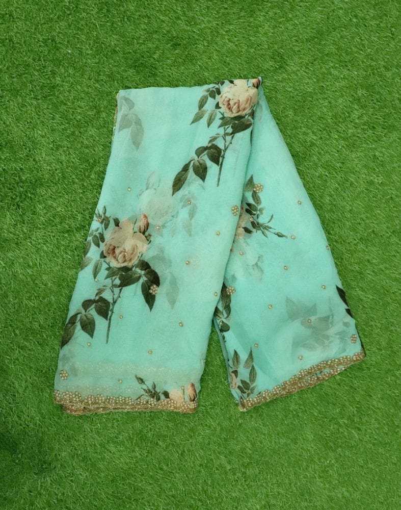 Collection of Light Blue Floral Pearl work Chiffon Saree with cut work border in a gallery layout