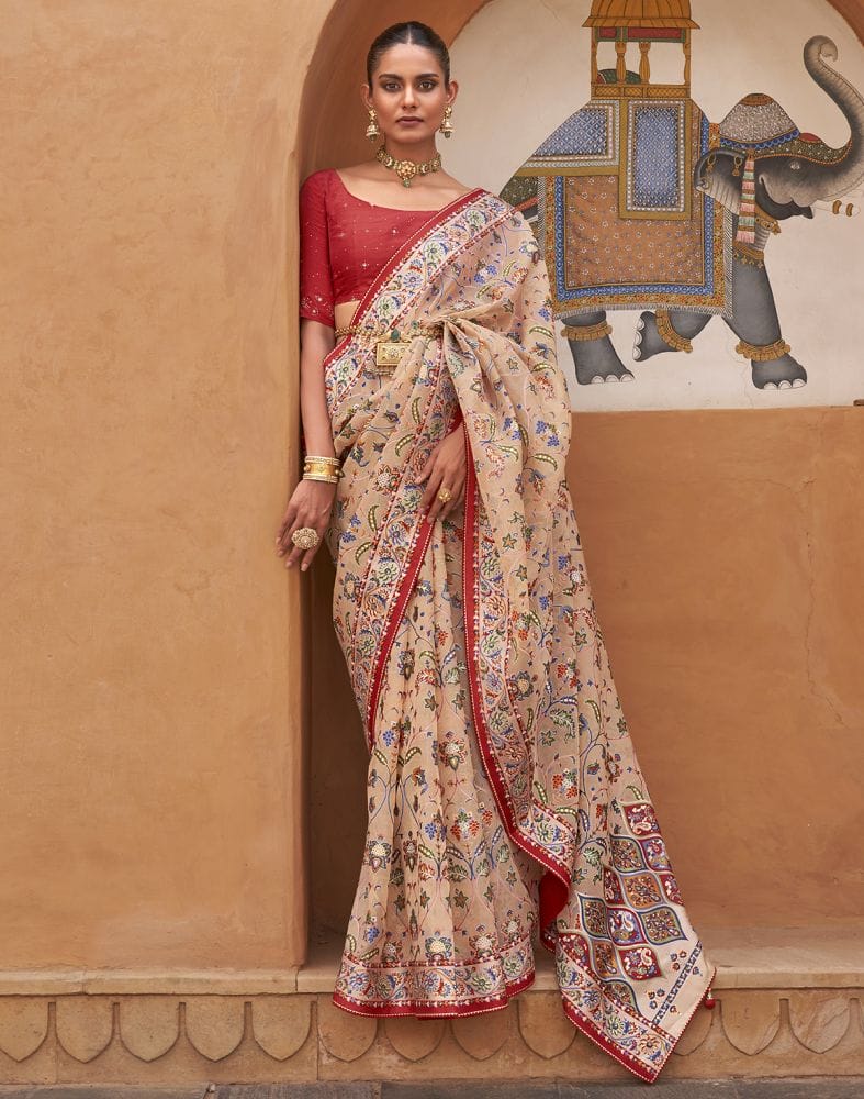 Collection of Beige and Red Coloured Hand Painted Brasso Saree in a gallery layout