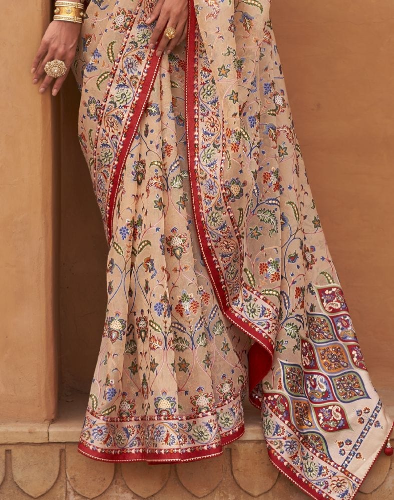 Collection of Beige and Red Coloured Hand Painted Brasso Saree in a gallery layout