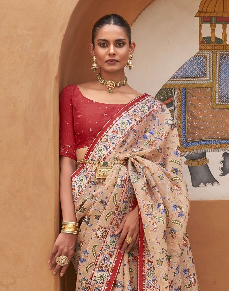 Collection of Beige and Red Coloured Hand Painted Brasso Saree in a gallery layout