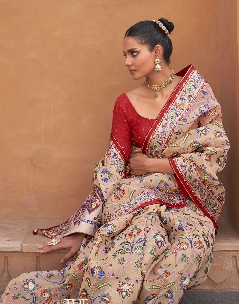 Beige and Red Coloured Hand Painted Brasso Saree