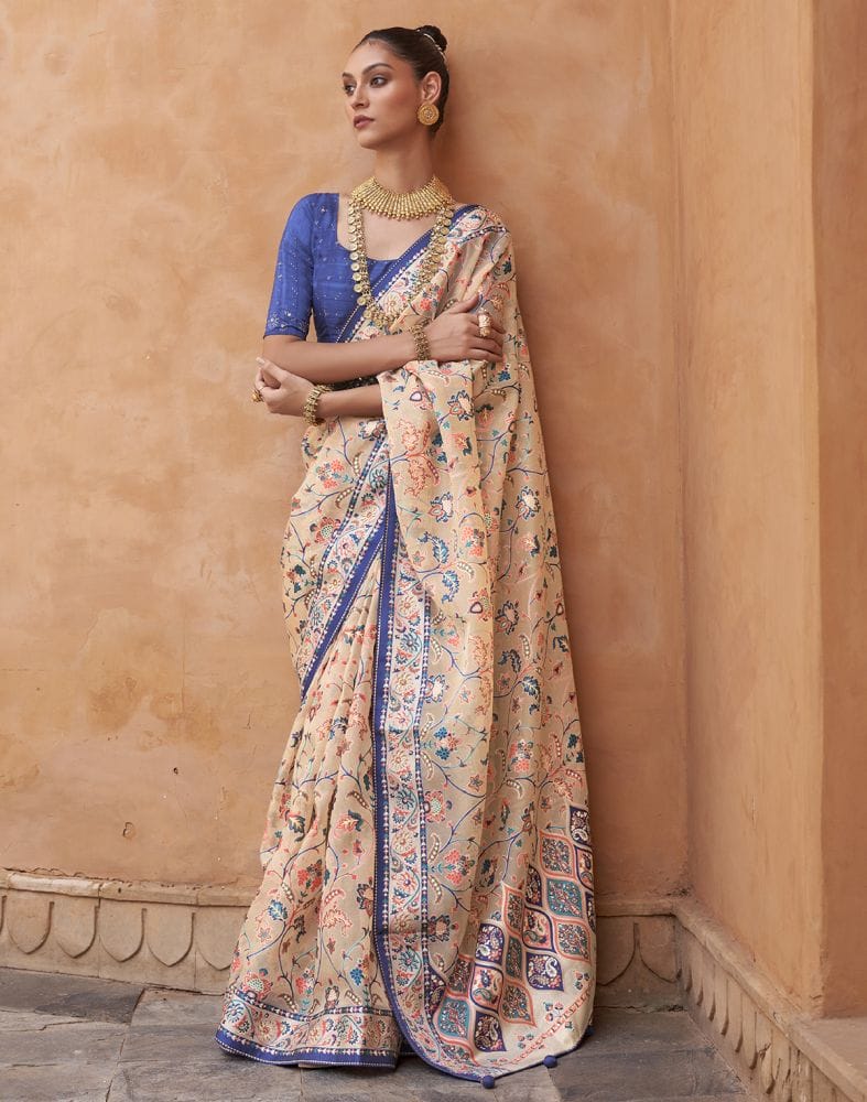 Beige and Navy Blue Floral Hand Painted Brasso Saree