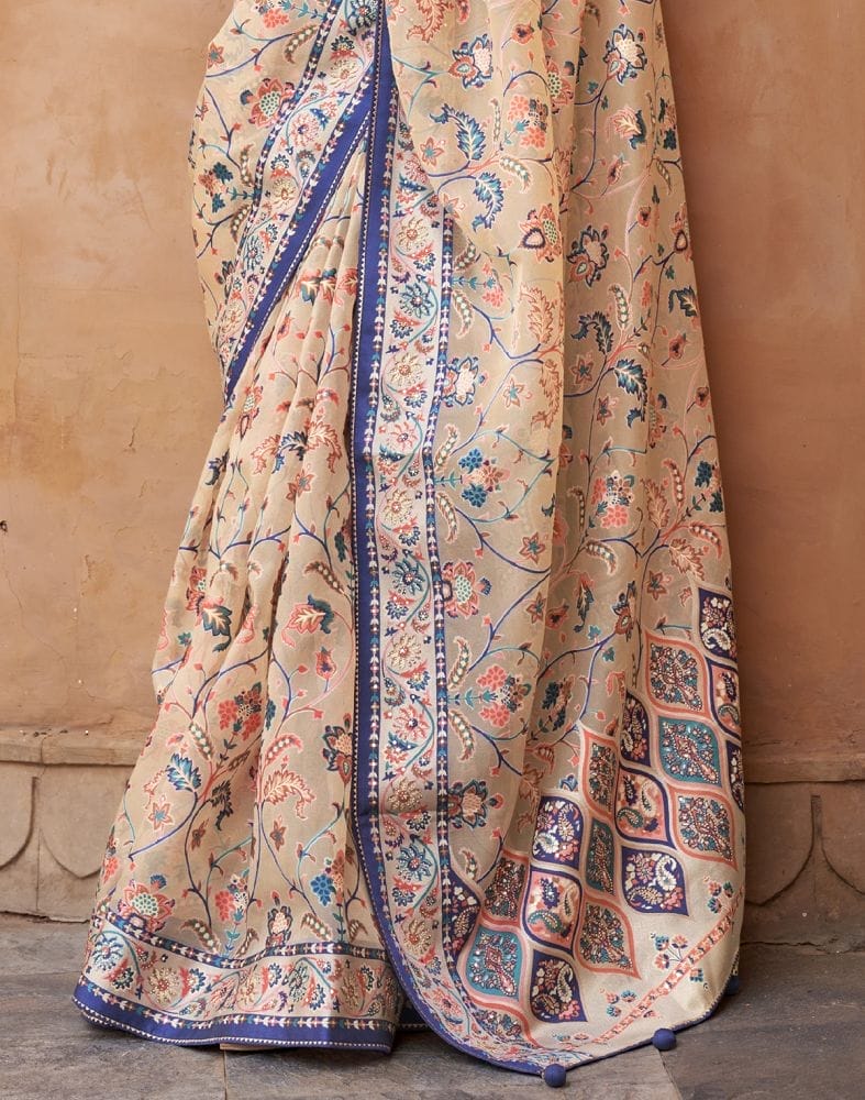 Collection of Beige and Navy Blue Floral Hand Painted Brasso Saree in a gallery layout