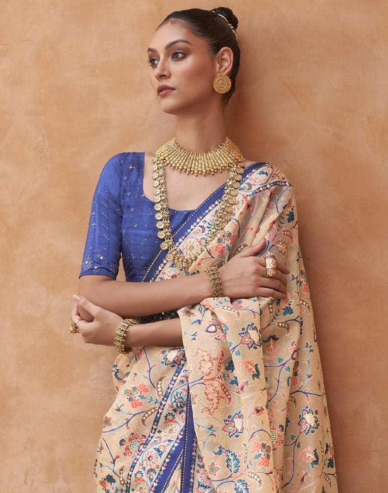 Beige and Navy Blue Floral Hand Painted Brasso Saree