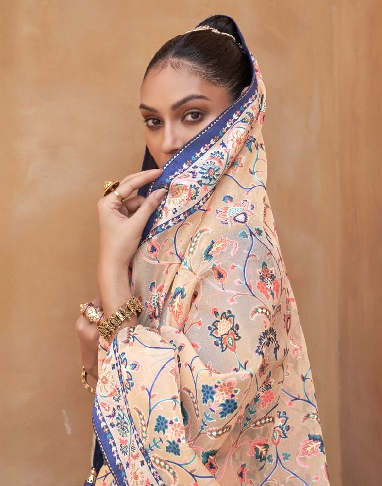 Beige and Navy Blue Floral Hand Painted Brasso Saree