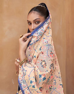 Collection of Beige and Navy Blue Floral Hand Painted Brasso Saree in a gallery layout