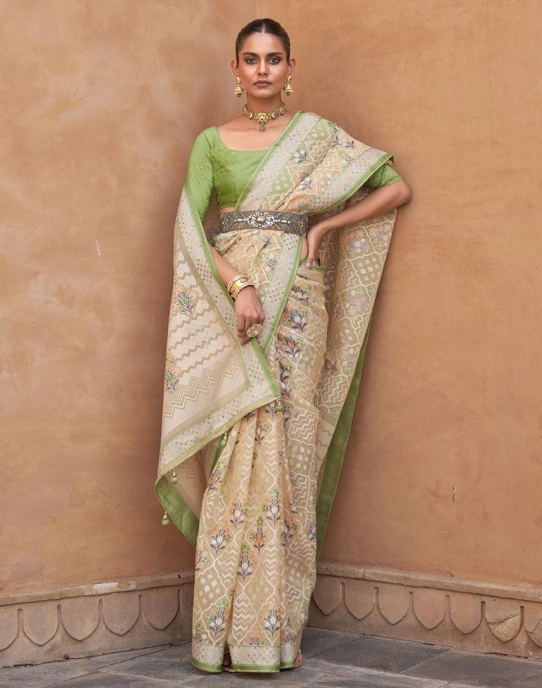 Collection of Parrot Green Floral Hand Painted Brasso Saree in a gallery layout