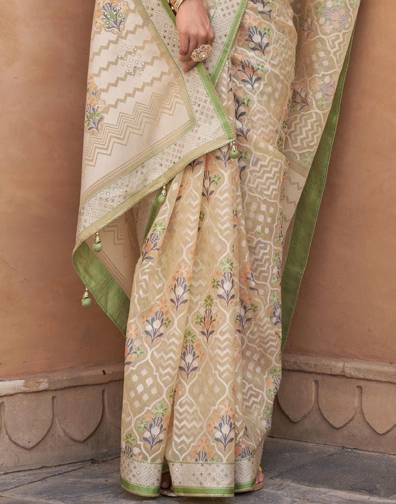 Parrot Green Floral Hand Painted Brasso Saree