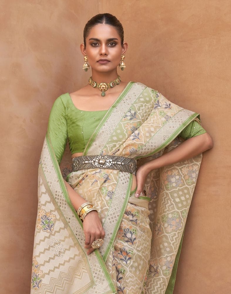 Collection of Parrot Green Floral Hand Painted Brasso Saree in a gallery layout