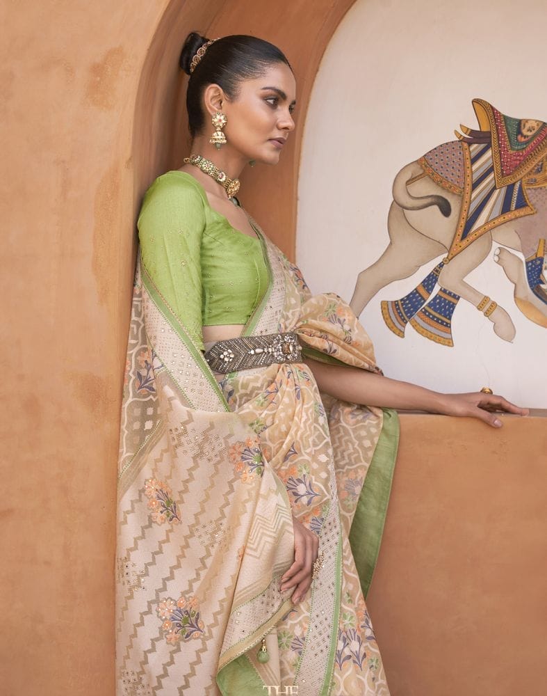 Collection of Parrot Green Floral Hand Painted Brasso Saree in a gallery layout