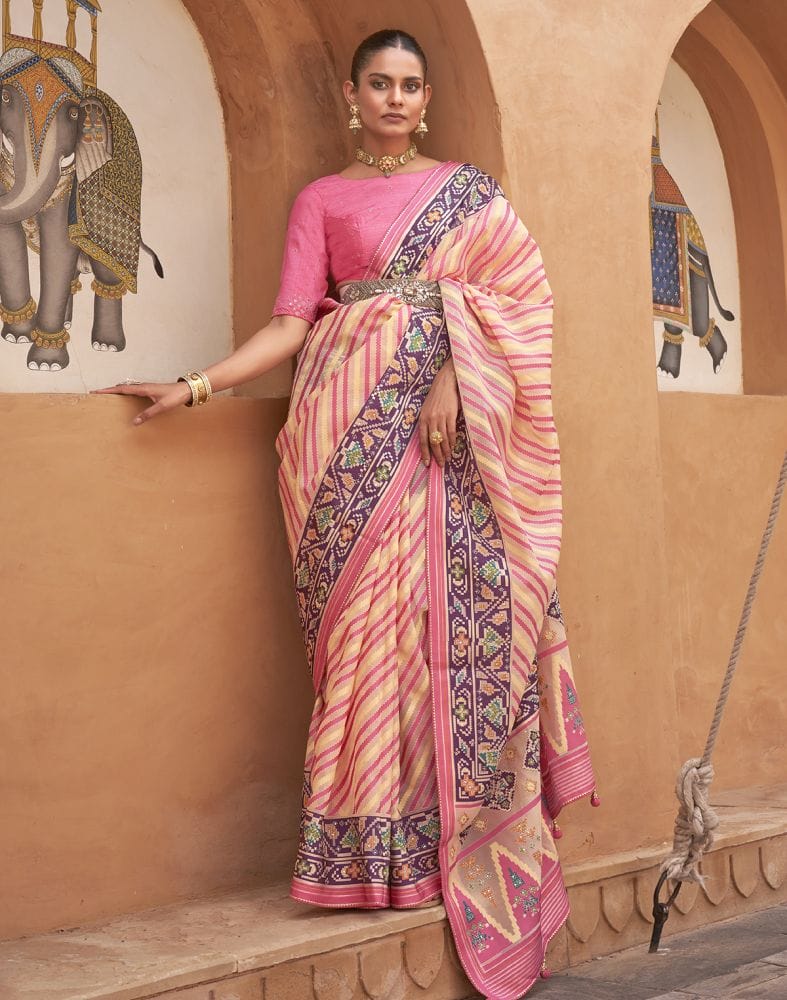 Collection of Yellow and Pink Coloured Hand Painted Brasso Saree in a gallery layout