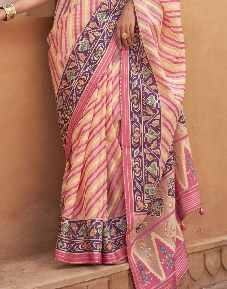 Collection of Yellow and Pink Coloured Hand Painted Brasso Saree in a gallery layout