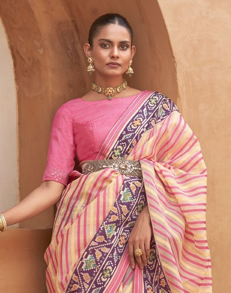 Collection of Yellow and Pink Coloured Hand Painted Brasso Saree in a gallery layout