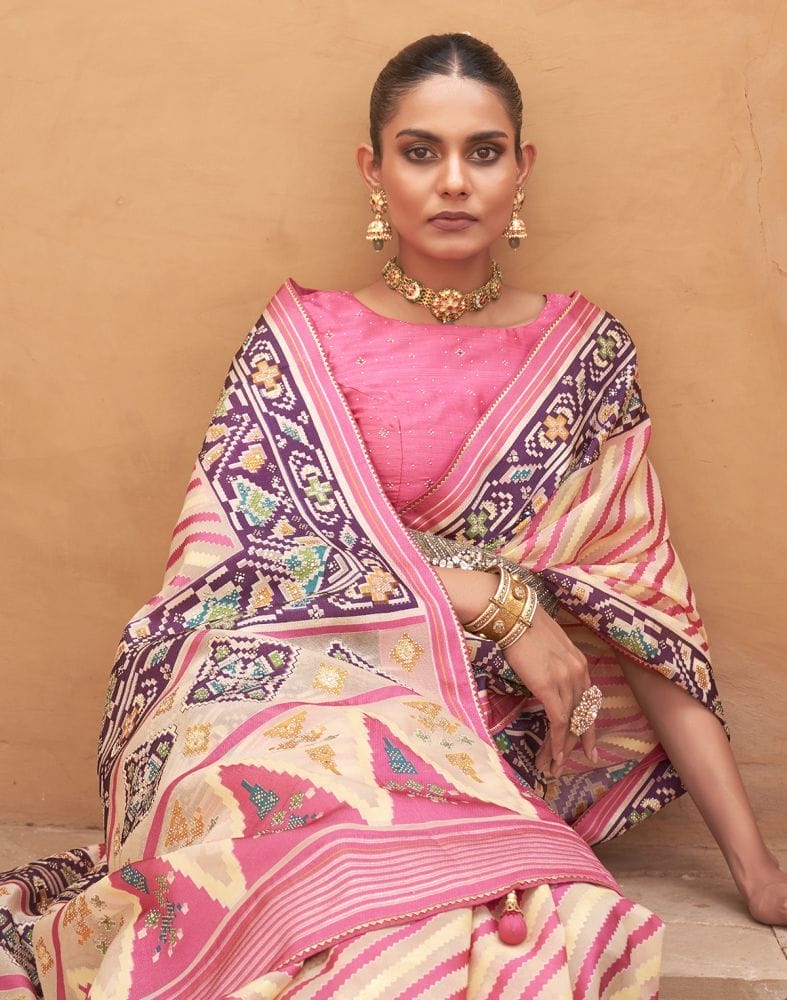 Collection of Yellow and Pink Coloured Hand Painted Brasso Saree in a gallery layout