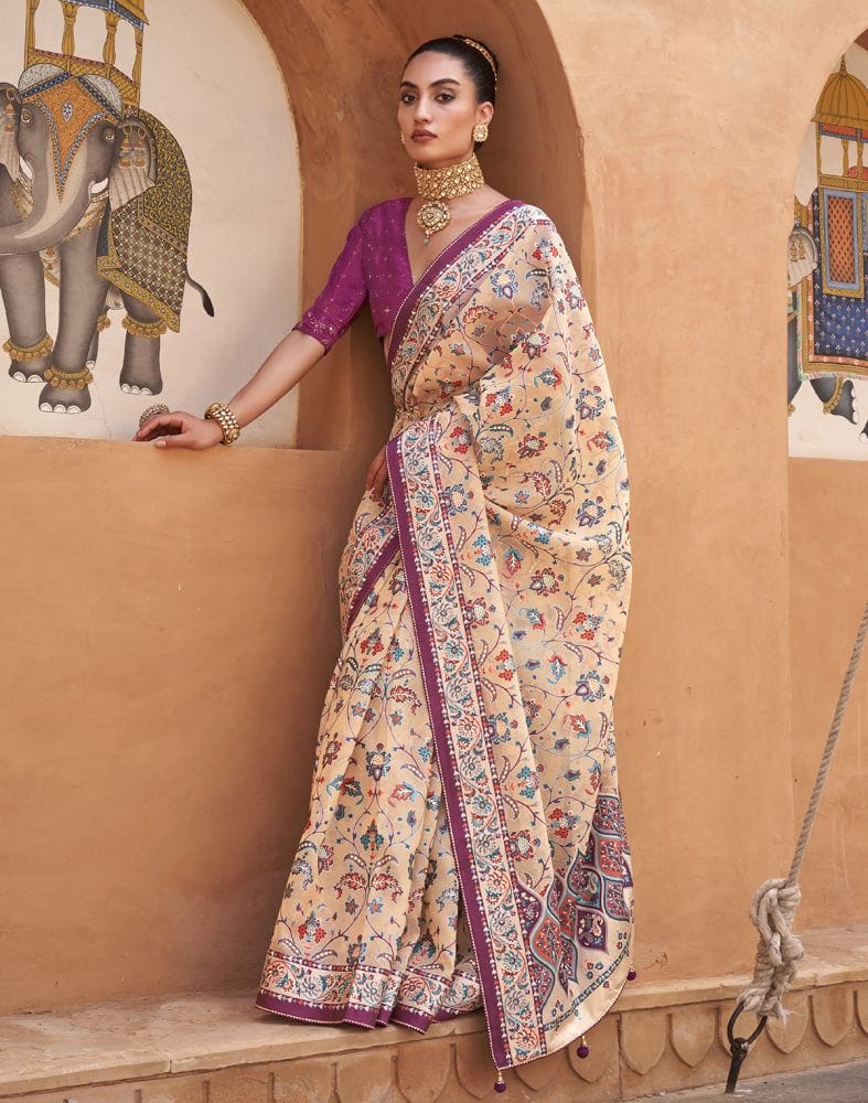 Collection of Beige and Violet Floral Hand Painted Brasso Saree in a gallery layout