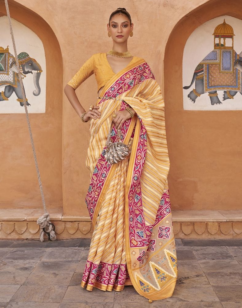 Collection of Mustard Stripes Pattern Hand Painted Brasso Saree in a gallery layout