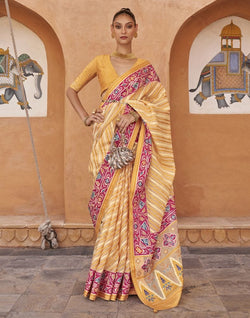 Collection of Mustard Stripes Pattern Hand Painted Brasso Saree in a gallery layout