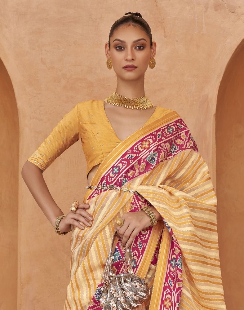 Collection of Mustard Stripes Pattern Hand Painted Brasso Saree in a gallery layout