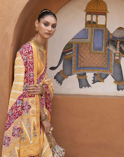 Collection of Mustard Stripes Pattern Hand Painted Brasso Saree in a gallery layout