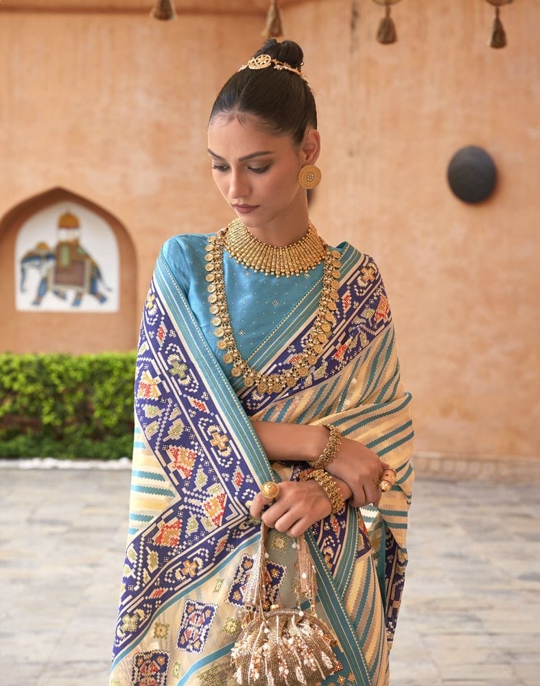 Collection of Yellow Stripes Pattern Hand Painted Brasso Saree in a gallery layout