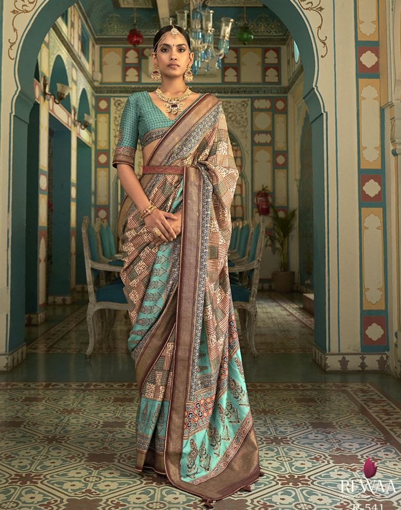 Collection of Light Brown Geometric Print Banaras Silk Patola Saree in a gallery layout