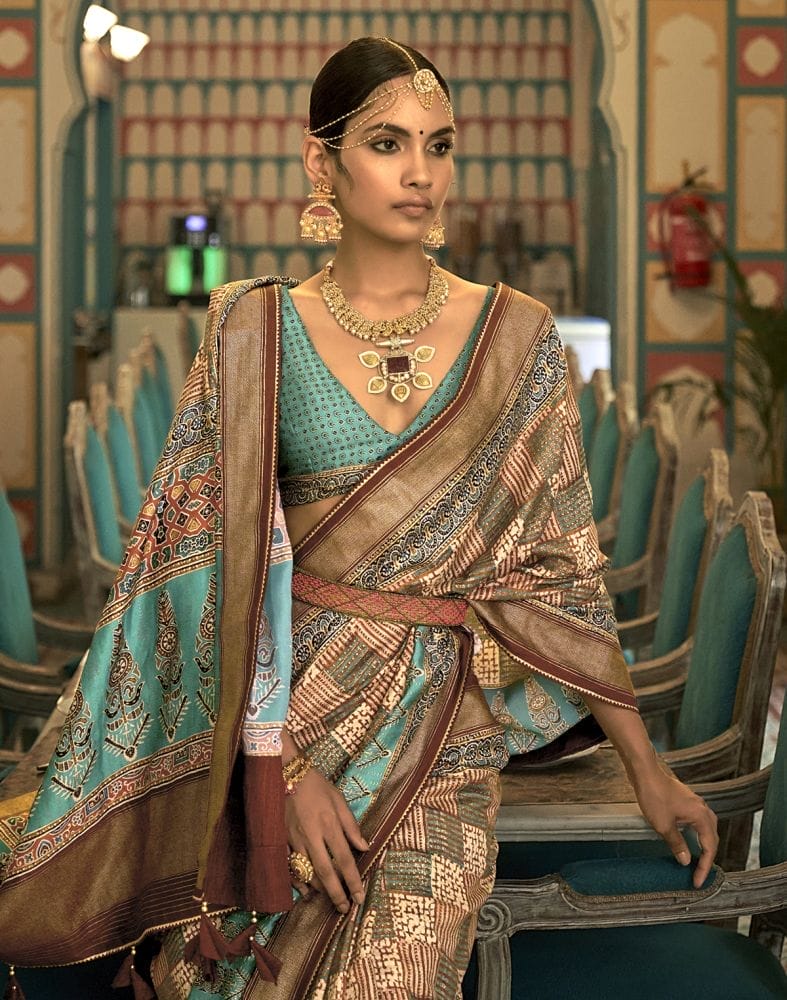 Collection of Light Brown Geometric Print Banaras Silk Patola Saree in a gallery layout