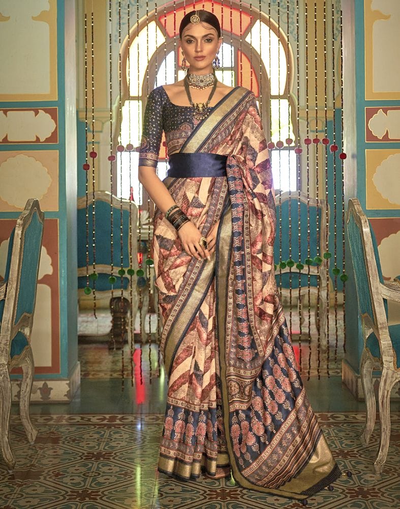 Peach Geometric Print Banaras Silk Patola Saree