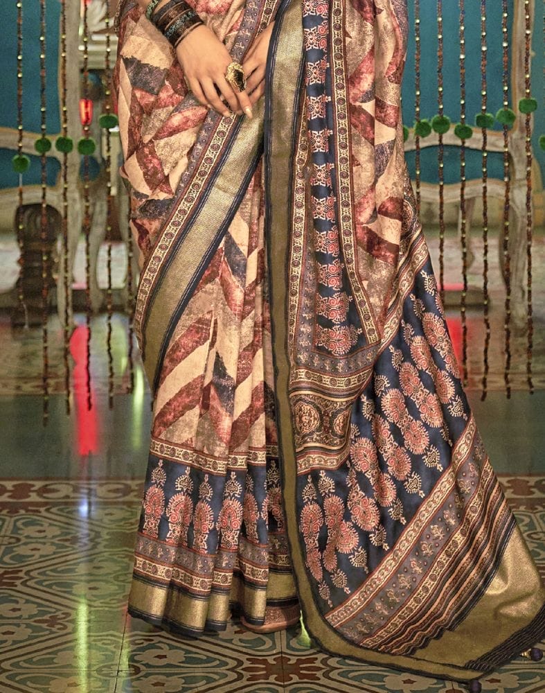 Collection of Peach Geometric Print Banaras Silk Patola Saree in a gallery layout