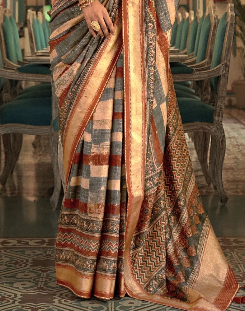 Grey Checks Pattern Banaras Silk Patola Saree