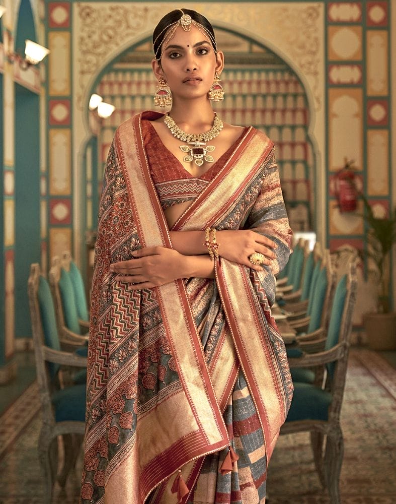 Collection of Grey Checks Pattern Banaras Silk Patola Saree in a gallery layout