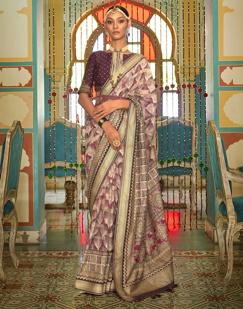 Collection of Purple Geometric Print Banaras Silk Patola Saree in a gallery layout