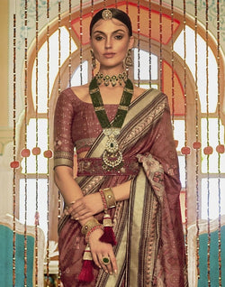 Collection of Brown Geometric Print Banaras Silk Patola Saree in a gallery layout