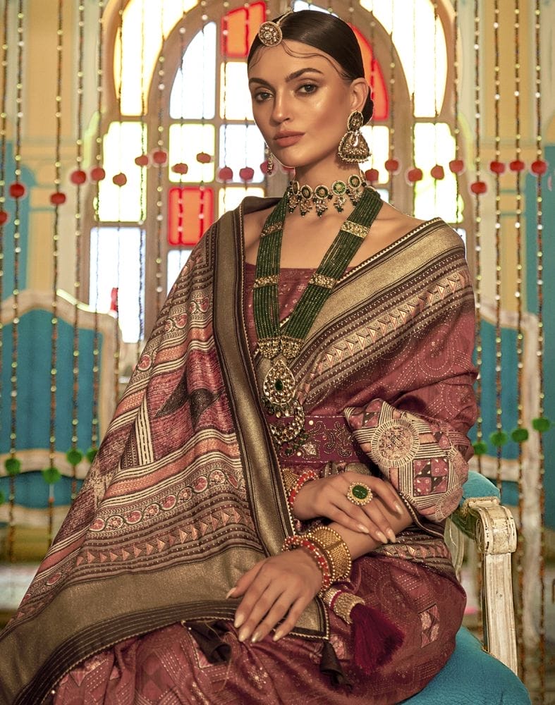 Collection of Brown Geometric Print Banaras Silk Patola Saree in a gallery layout