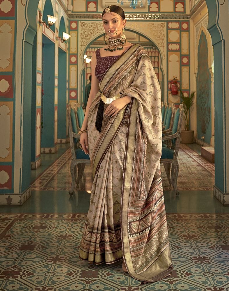 Collection of Beige Geometric Print Banaras Silk Patola Fabric Saree in a gallery layout