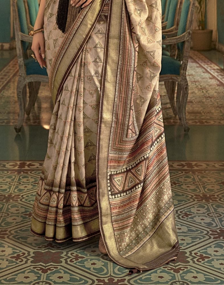 Collection of Beige Geometric Print Banaras Silk Patola Fabric Saree in a gallery layout